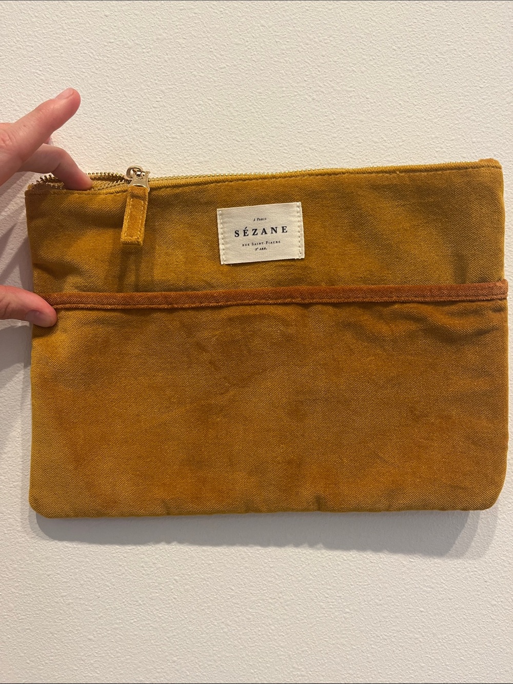 Sezane mustard velvet clutch